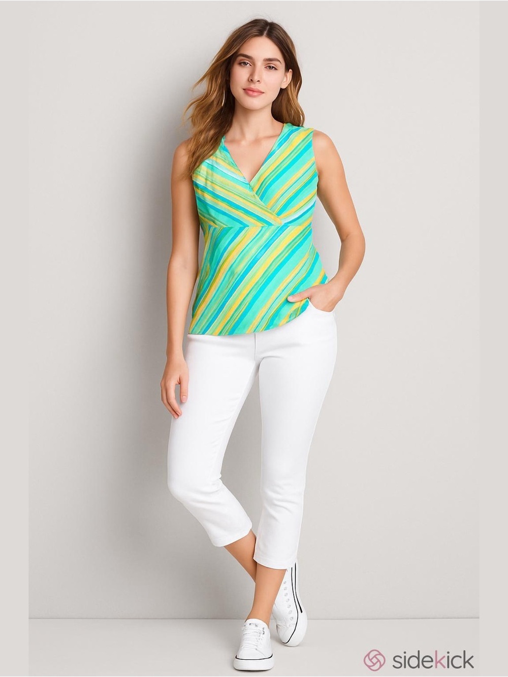 Talbots Diagonal Striped V-Neck Sleeveless Top, Turquoise, Green, Yellow, Size S